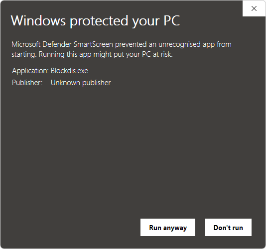 Windows SmartScreen expanded view with Run anyway and Don't run buttons